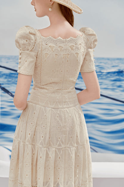 A-line Leg Of Mutton Sleeved Lace Midi Dress