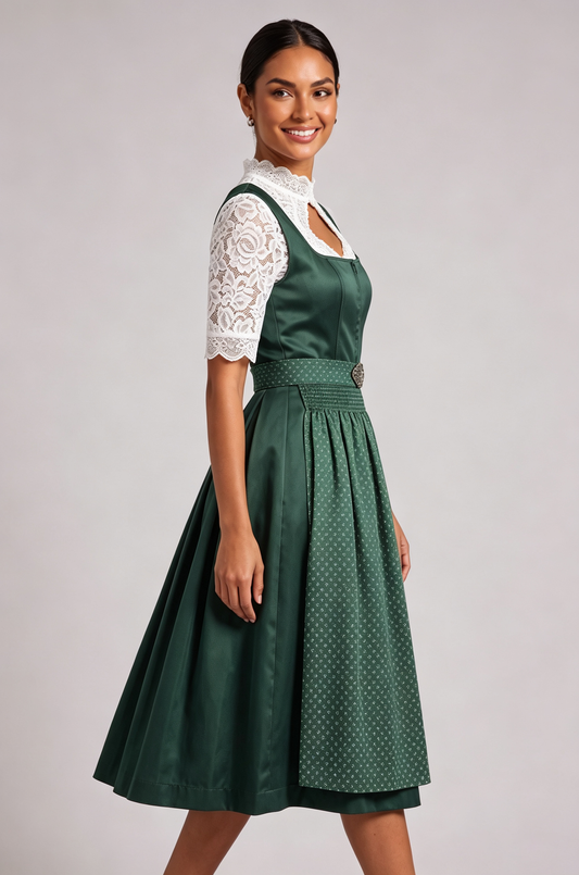 dark green satin-finish polyester or silk blend fit-and-flare dirndl set