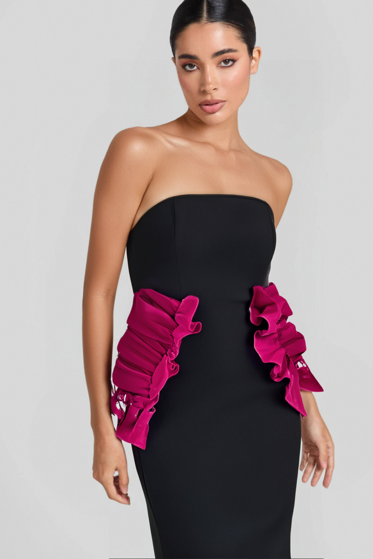 PLEATED ORNAMENTED BANDAGE MAXI DRESS IN BLACK