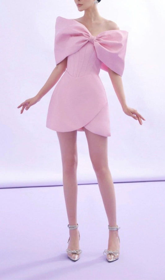 PINK OFF SHOULDER BOW CORSET MINI DRESS