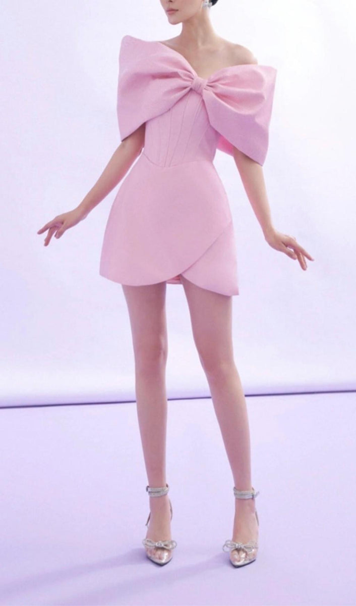 PINK OFF SHOULDER BOW CORSET MINI DRESS