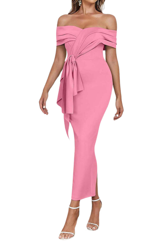 OFF SHOULDER SIDE SPLIT MIDI DRESS IN PINK
