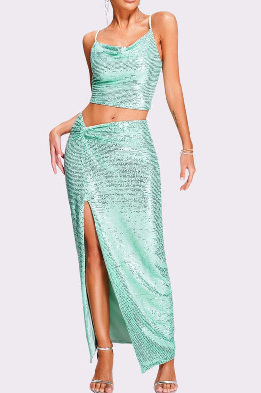 SEQUIN TWO PIECES SUIT IN GREEN