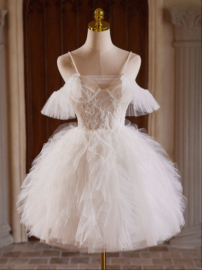 Ball Gown Tulle Lace Light Champagne mini Dress with Beads