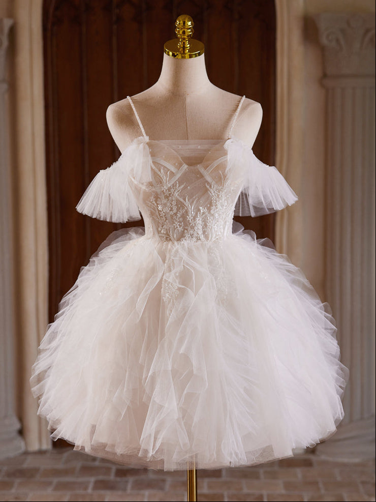 Ball Gown Tulle Lace Light Champagne mini Dress with Beads