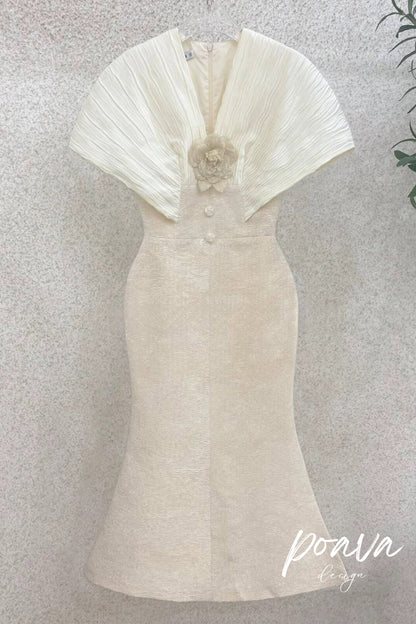 VENUS CHAMPAGNE STITCHED HIGH-WAISTED FISHTAIL MIDI DRESS