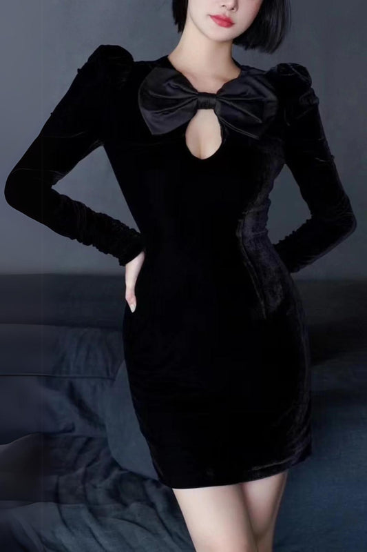 BLACK VELVET HOLLOW BOW LONG-SLEEVE MINI DRESS