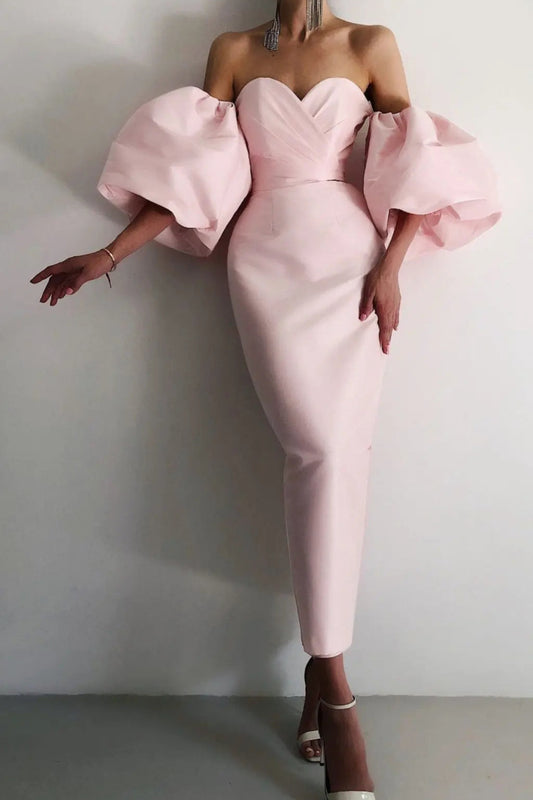 Smiley Puff Sleeve Satin Midi Dress in pink
