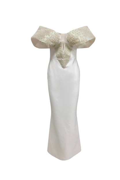 Off-Shoulder pearl embellished bodycon maxi dress in white