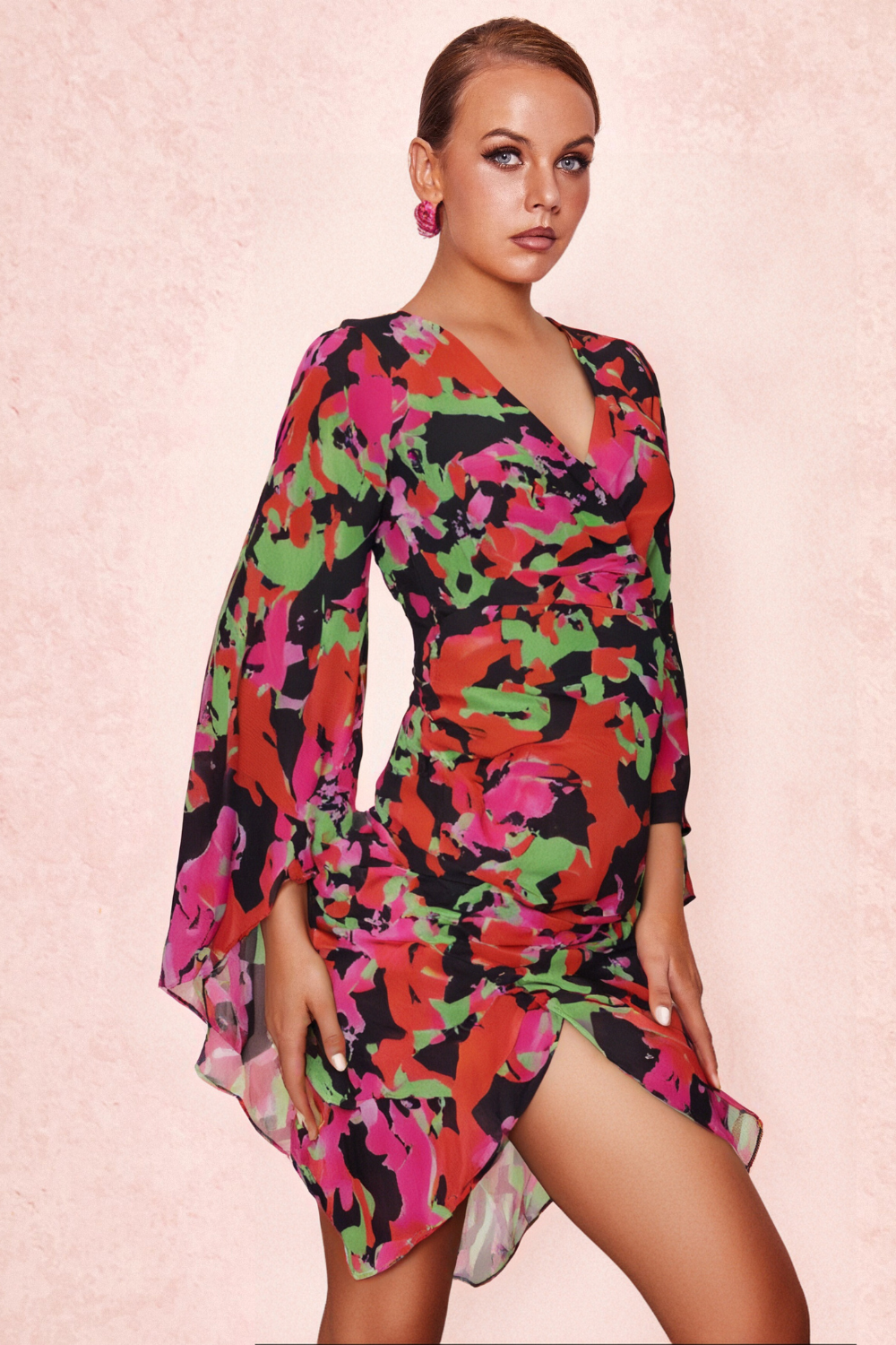 PRINTED RUFFLE MESH DRESS
