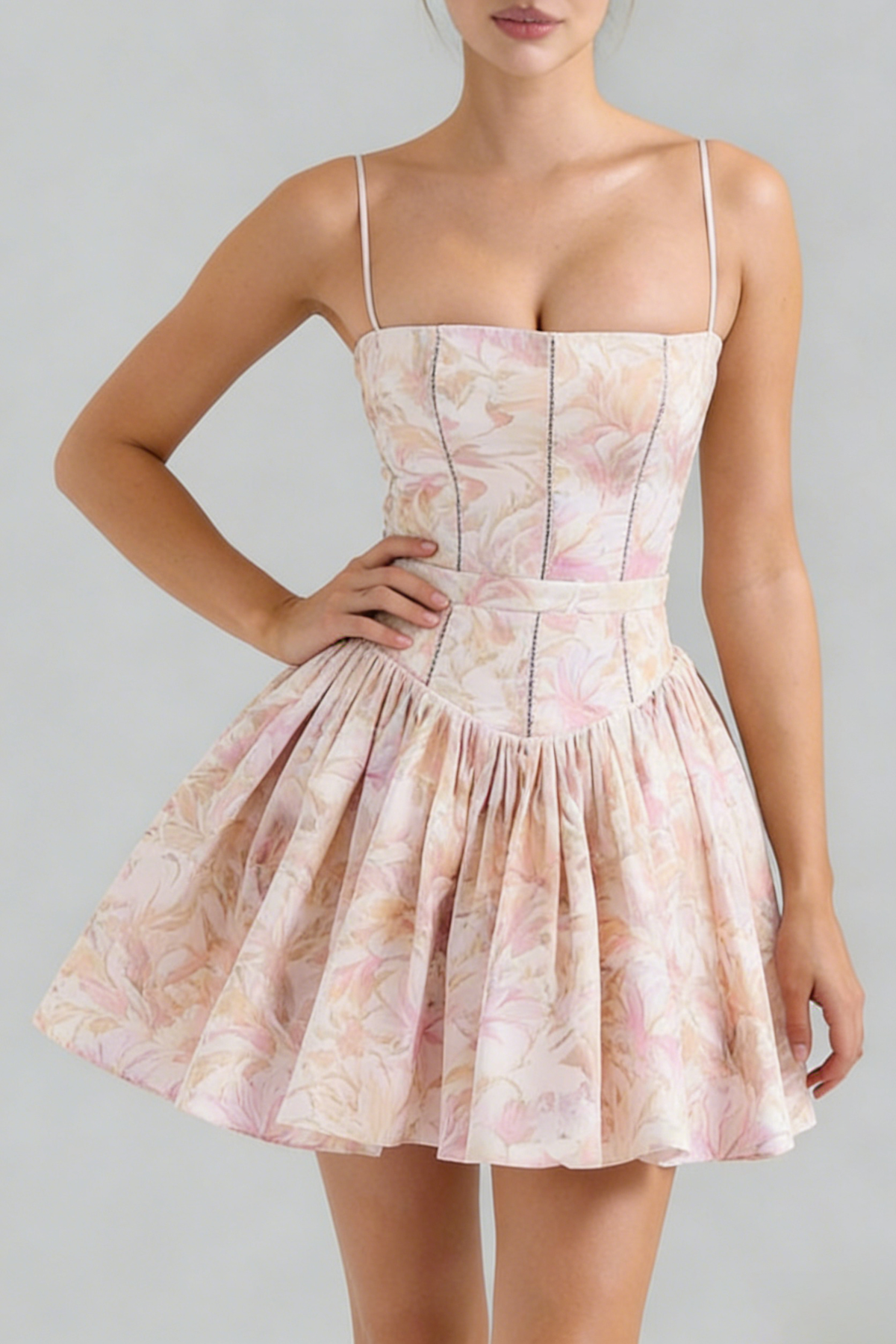 Helen Floral Stretch Cotton Mini Dress - Peach
