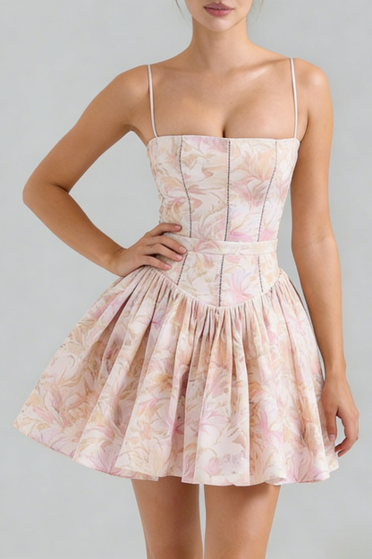 Helen Floral Stretch Cotton Mini Dress - Peach