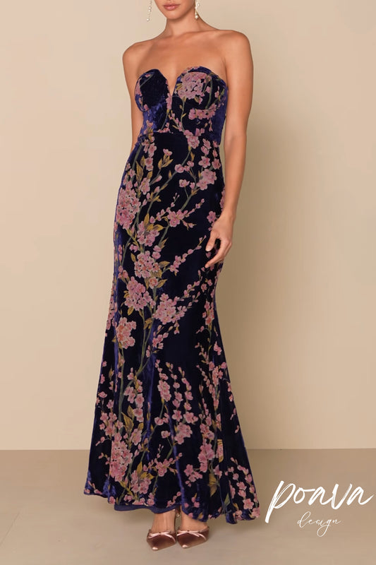 Navy Blue Floral Print Velvet Strapless Maxi Dress