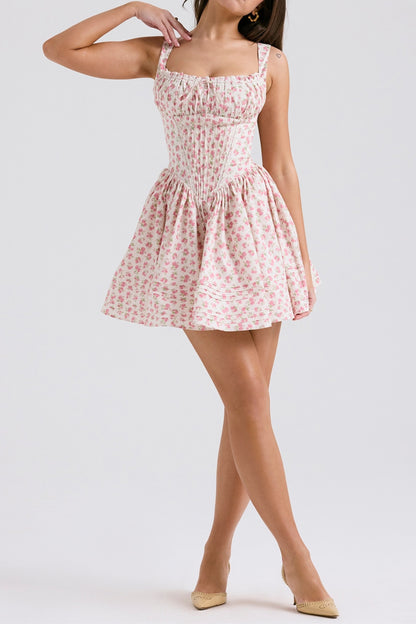 WHITE ROSEBUD PRINT COTTON MINI DRESS