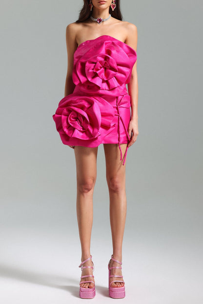 Voluminous Flower Design Dress - Fuchsia