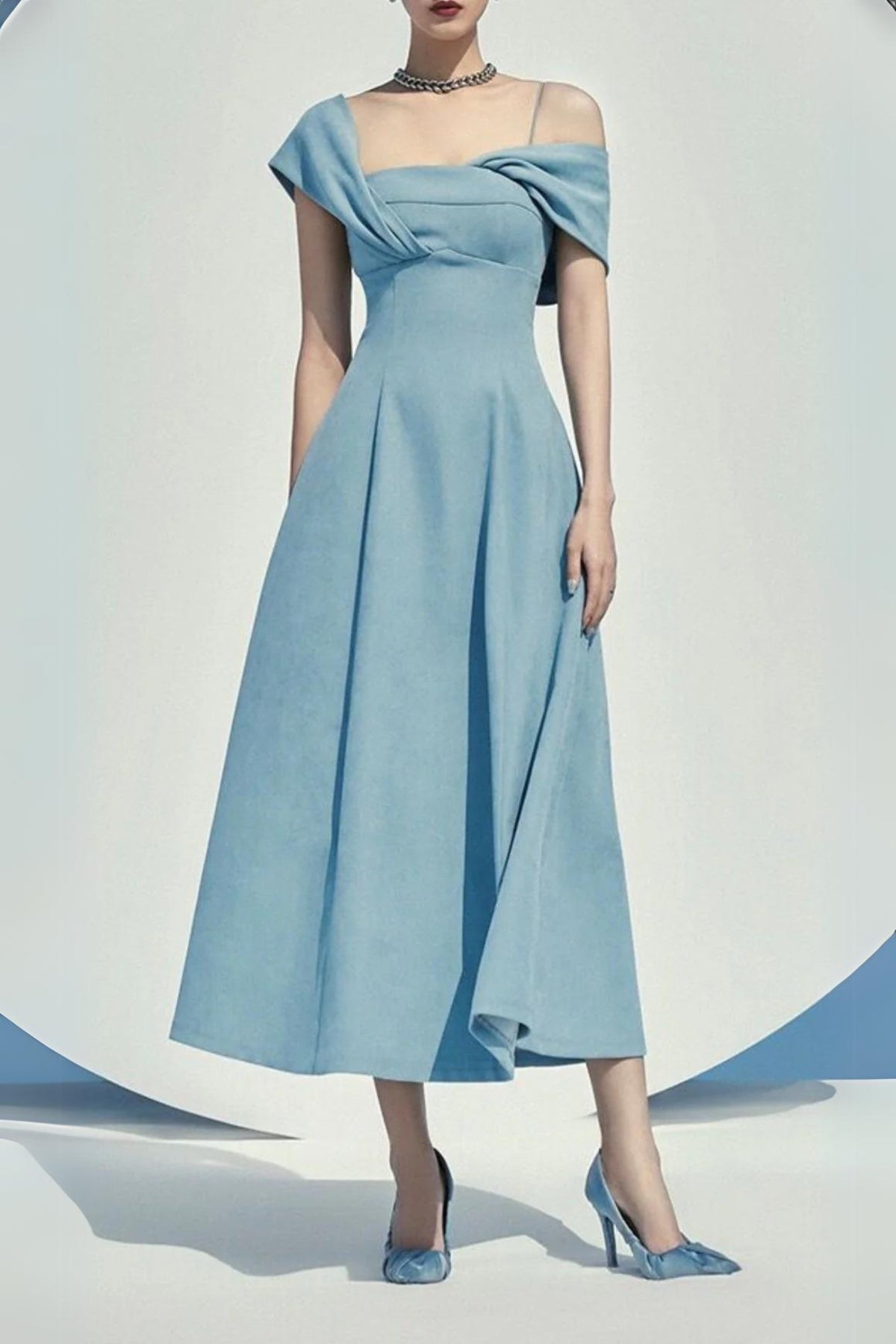 HAZE BLUE OBLIQUE SHOULDER MIDI DRESS
