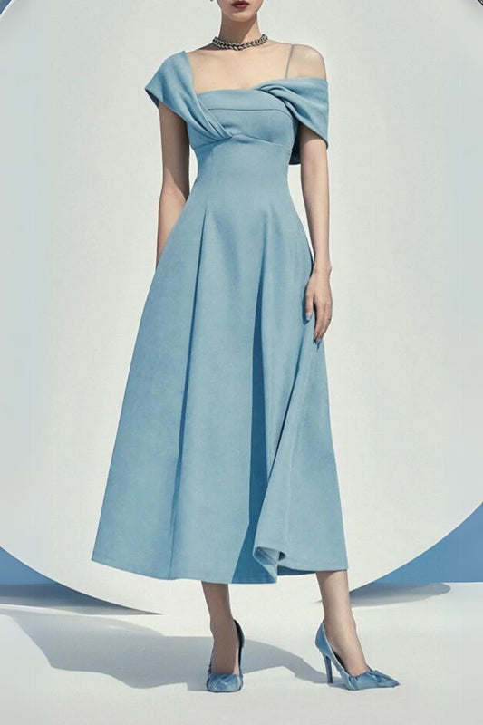 HAZE BLUE OBLIQUE SHOULDER MIDI DRESS