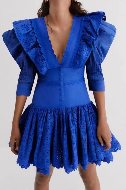 Puff sleeve V neck mini dresses in dark blue