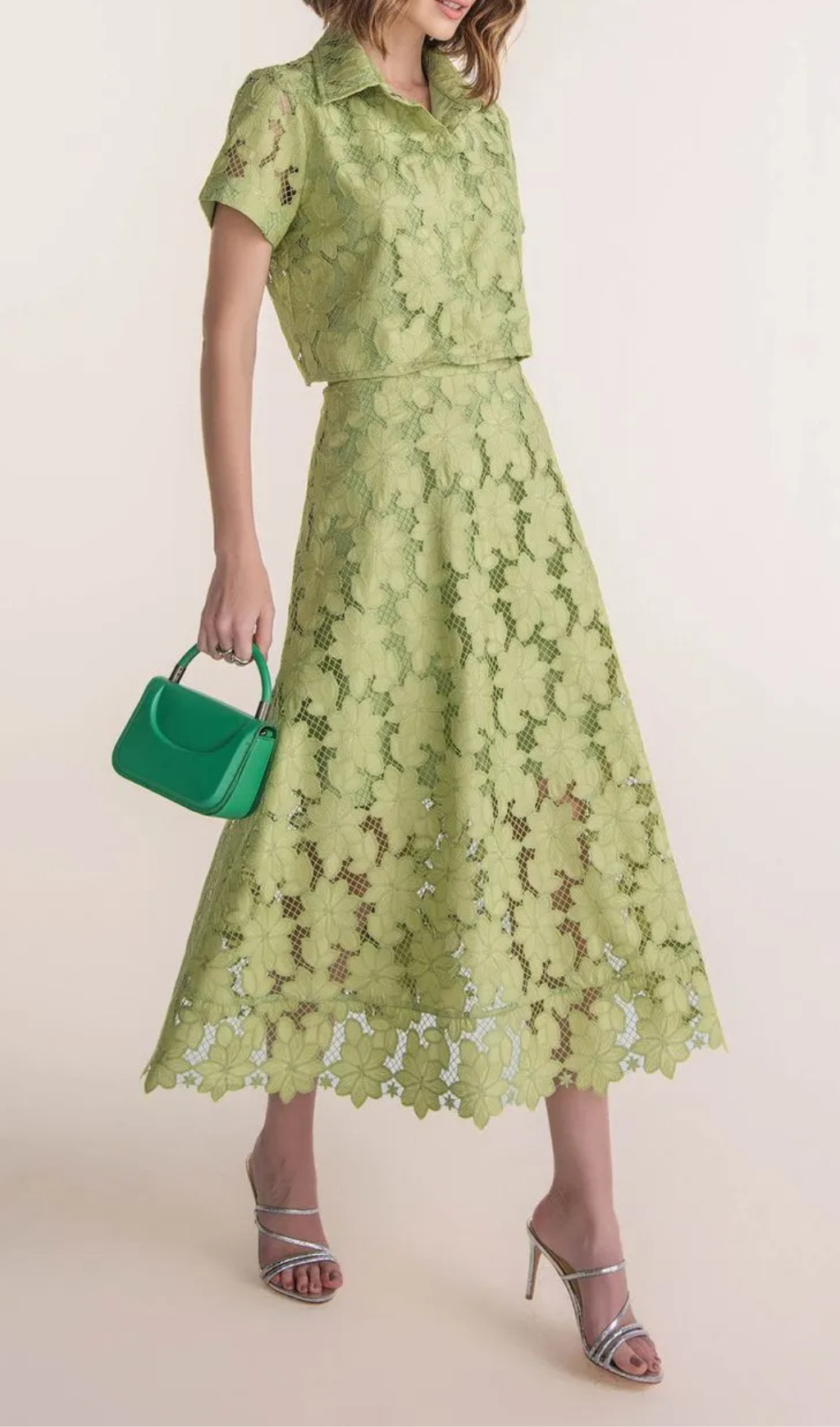 guipure mesh midi skirt cropped set in green