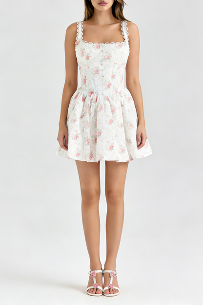 Hedy Elastic Printed Tie-Waist Mini Dress——pink