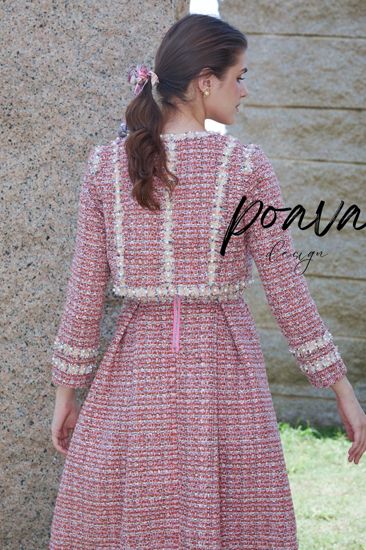 Embellished tweed dress set in pink