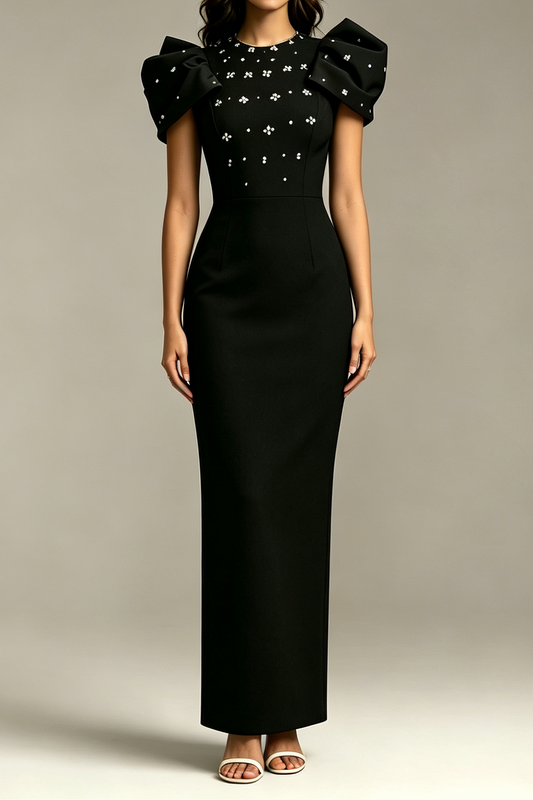 Black Stand Collar Statement Puff Shoulder Floral Rhinestone Fitted Midi Formal Dress