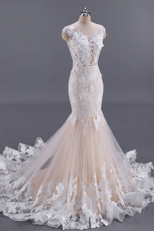 champagne tulle lace prom dress