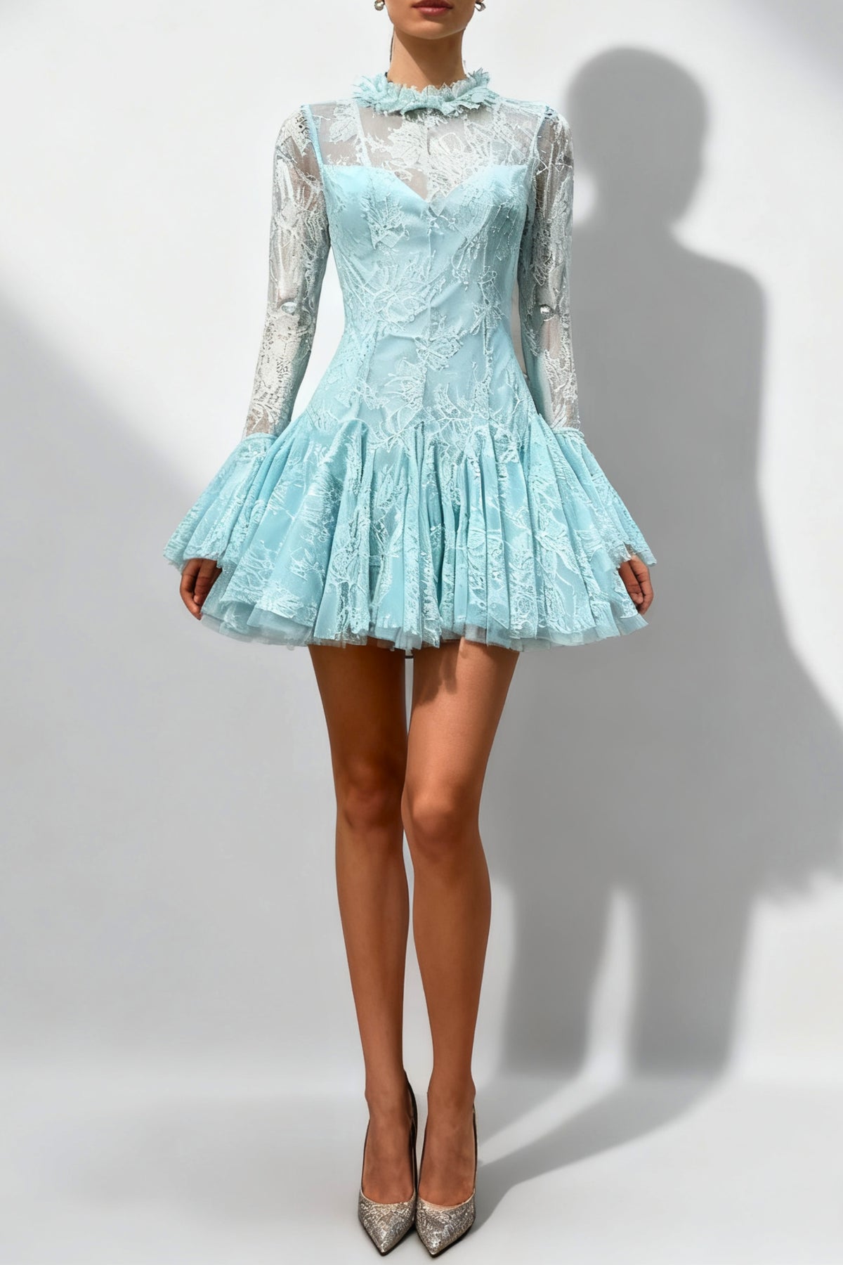 blue  Embroidered Flared Mini Dress
