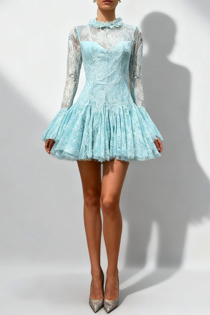 blue  Embroidered Flared Mini Dress