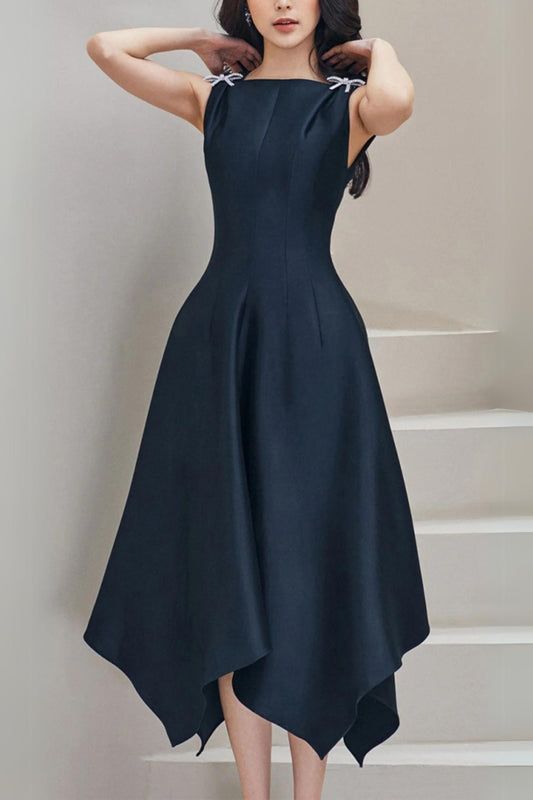 Black Rhinestone Bow Asymmetrical Midi Dress