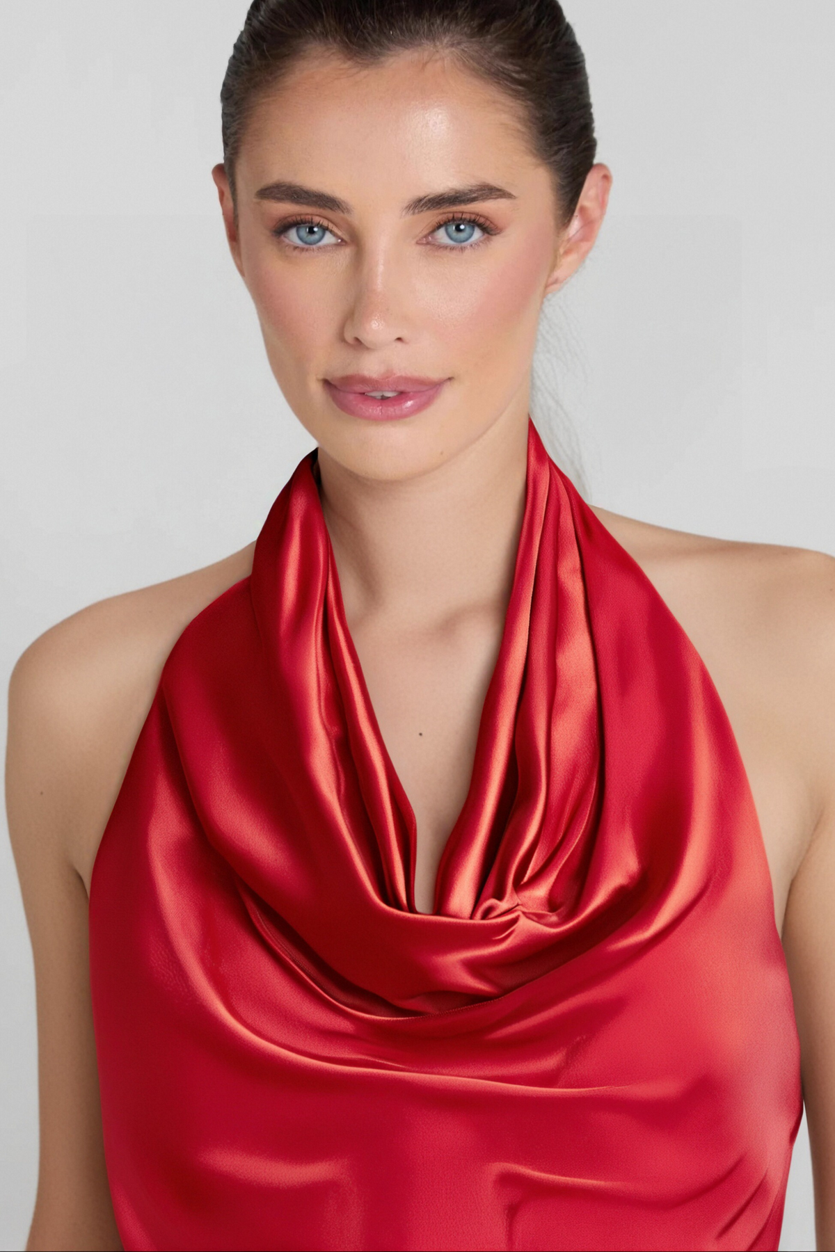 HALTER DRAPED SATIN MERMAID MAXI DRESS IN RED