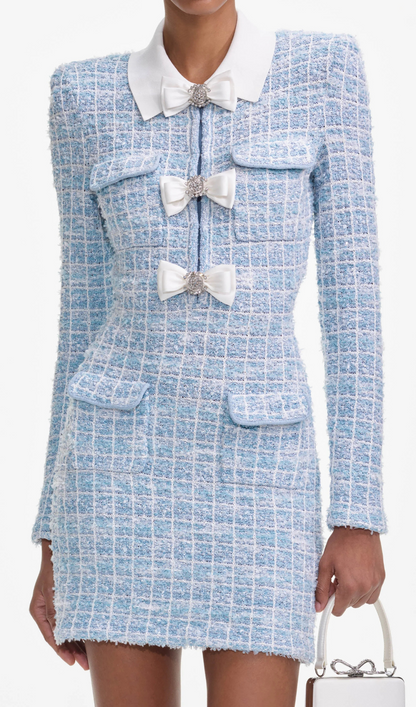 check collared knit mini dress in blue