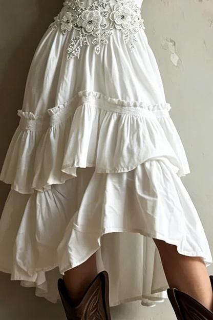 Corset-Style Embroidery Lace Trim Tiered Midi Dress