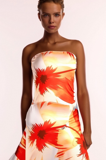SARRIDES STRAPLESS PRINT MIDI DRESS