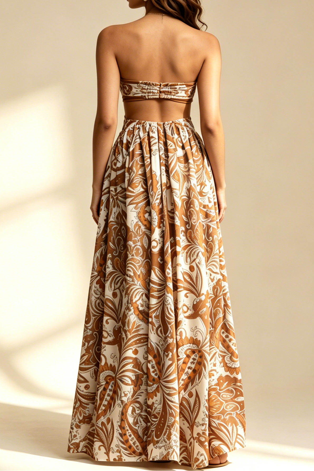 Boho Paisley Print Strapless Tube Top Cutout Flowy Maxi Dress