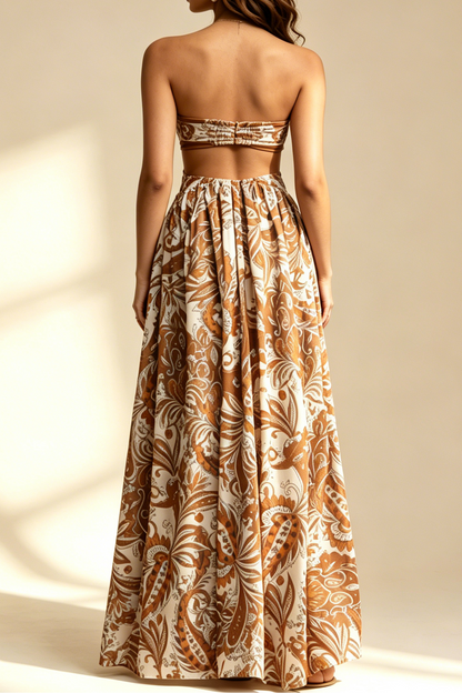 Boho Paisley Print Strapless Tube Top Cutout Flowy Maxi Dress