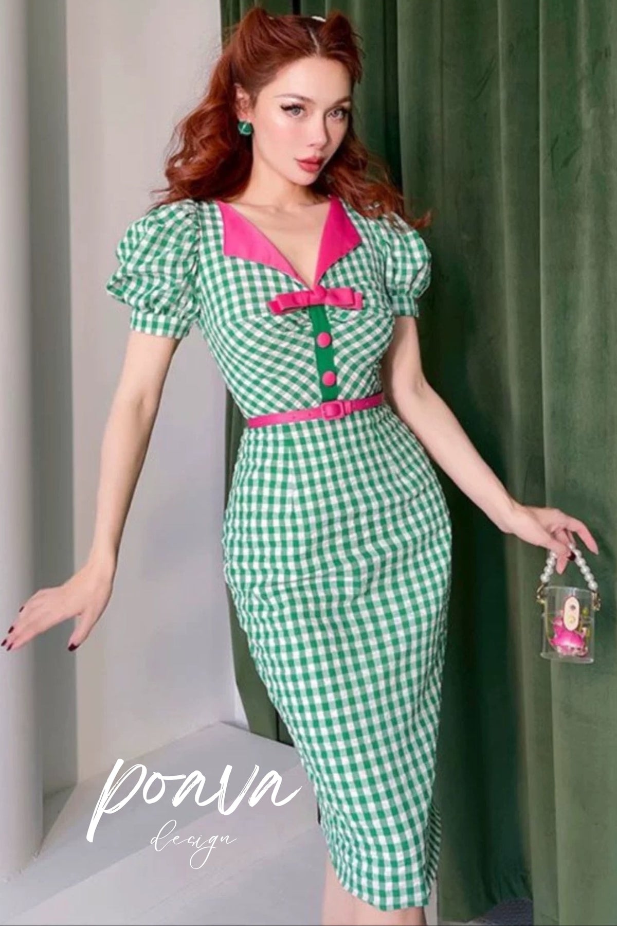Puffsleeve midi dress in green