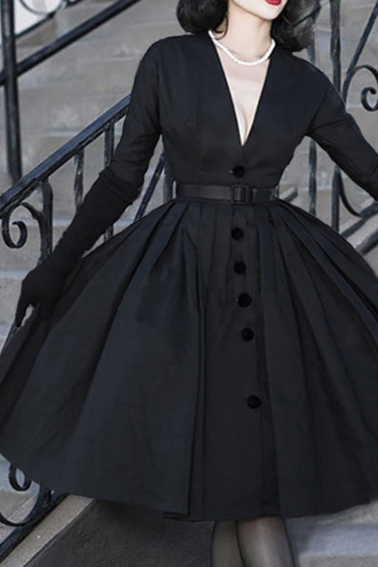 V neck midi dress in black