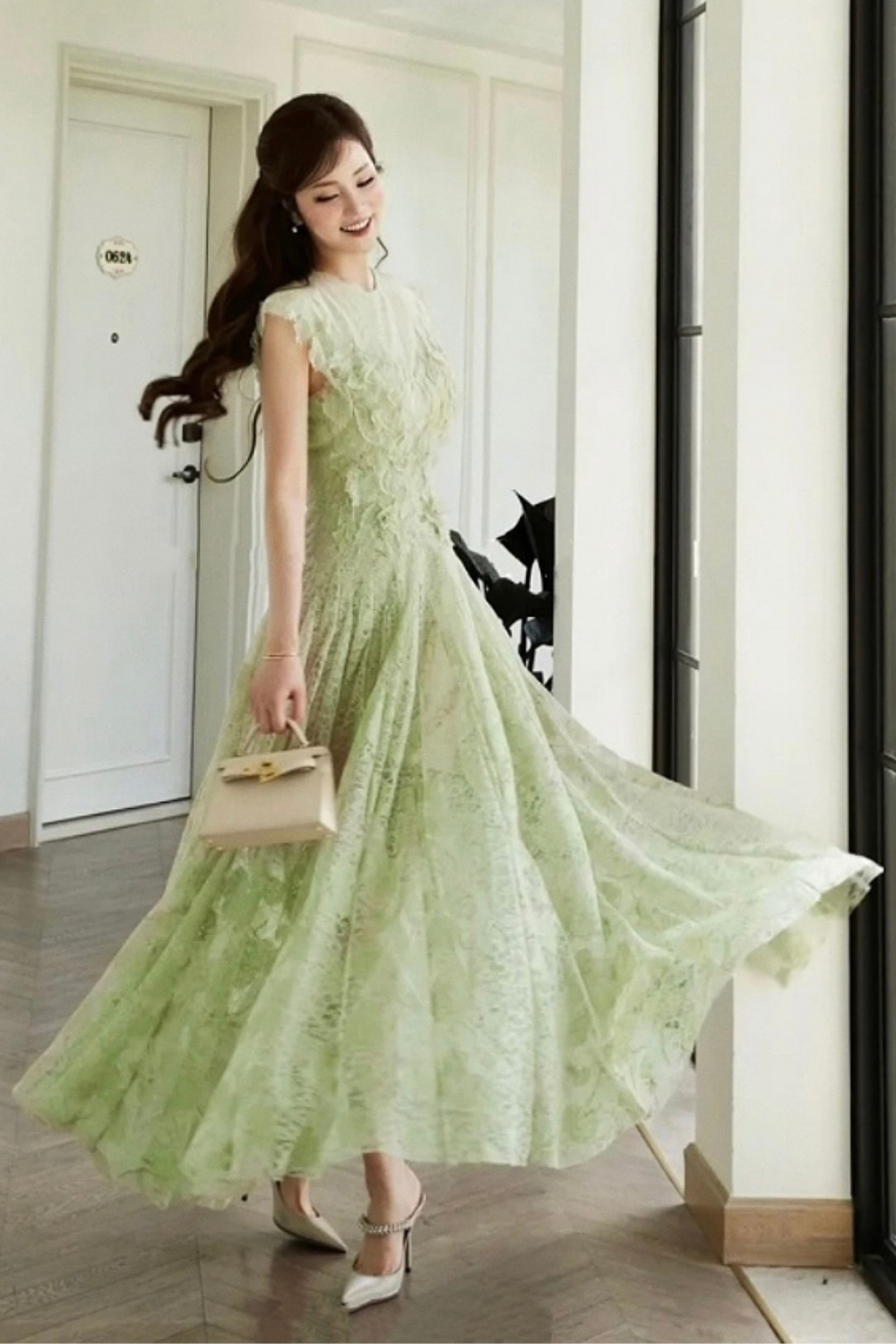 jennifer Lace Flower embellished maxi Dress in green