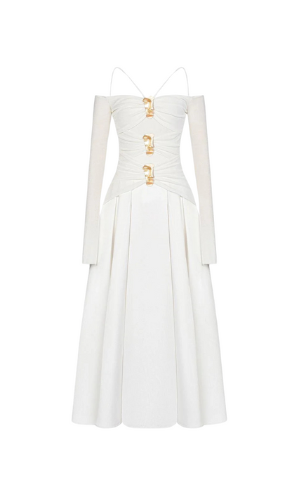 white A-line Cold Shoulder Sleeved Spandex Taffeta Maxi Dress