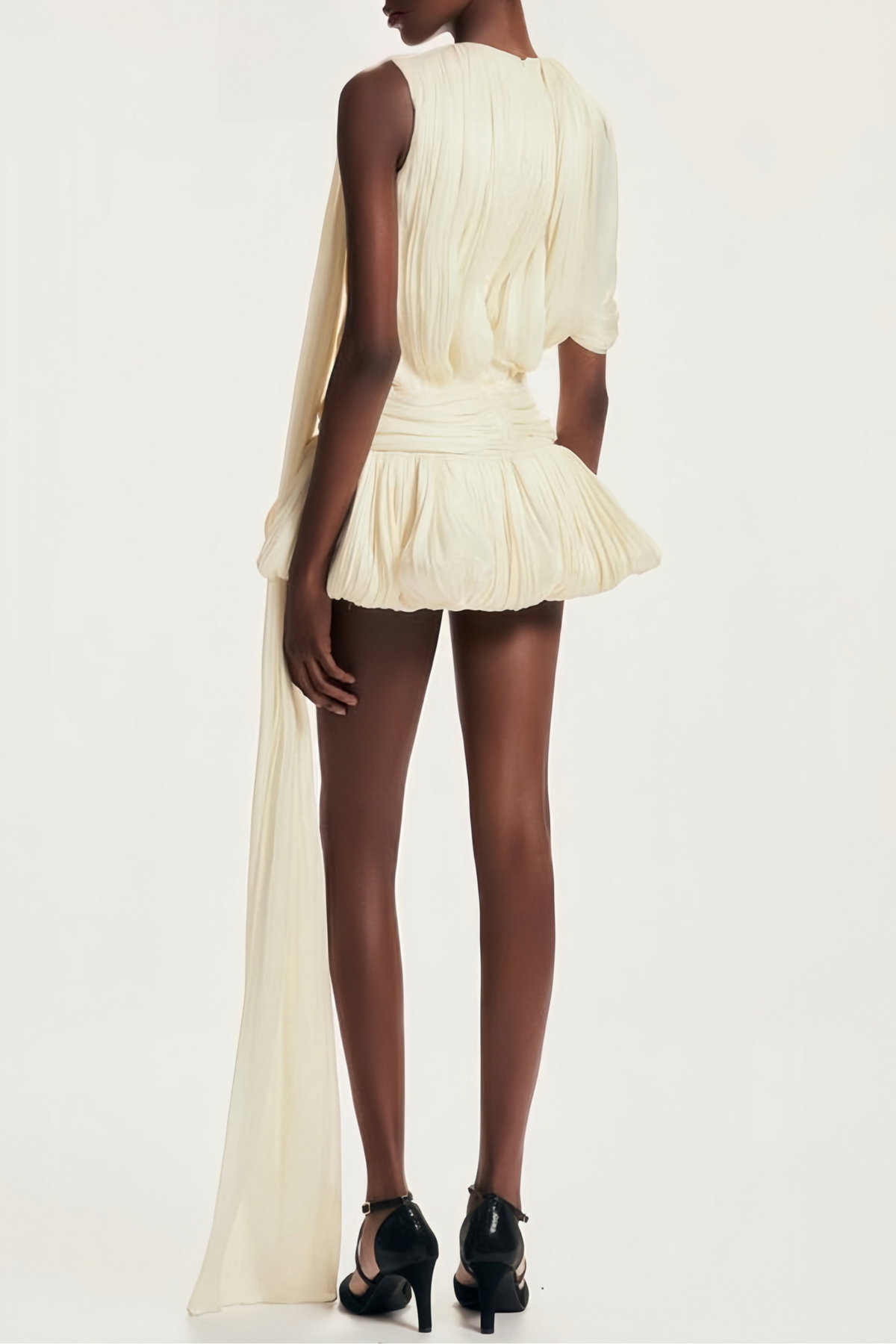 Cream Pleated Asymmetrical One Puff Sleeve Wrap Waist Bubble Mini Dress With Long Floating Sash