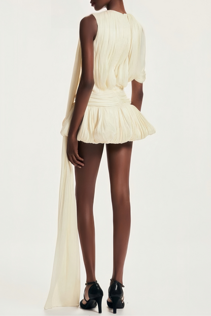 Cream Pleated Asymmetrical One Puff Sleeve Wrap Waist Bubble Mini Dress With Long Floating Sash