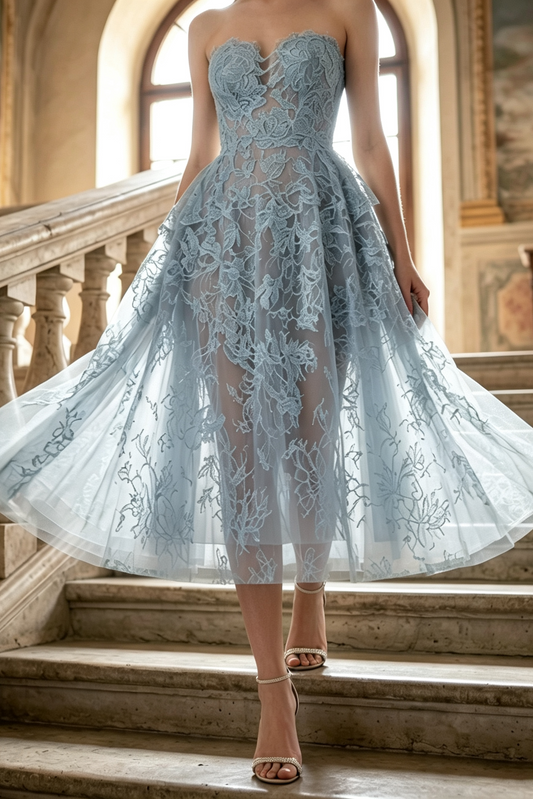 BLUE BEADED LACE MIDI DRESS