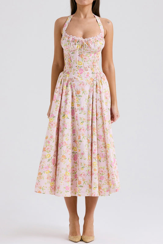 PINK MEADOW PRINT COTTON HALTER MIDI SUNDRESS