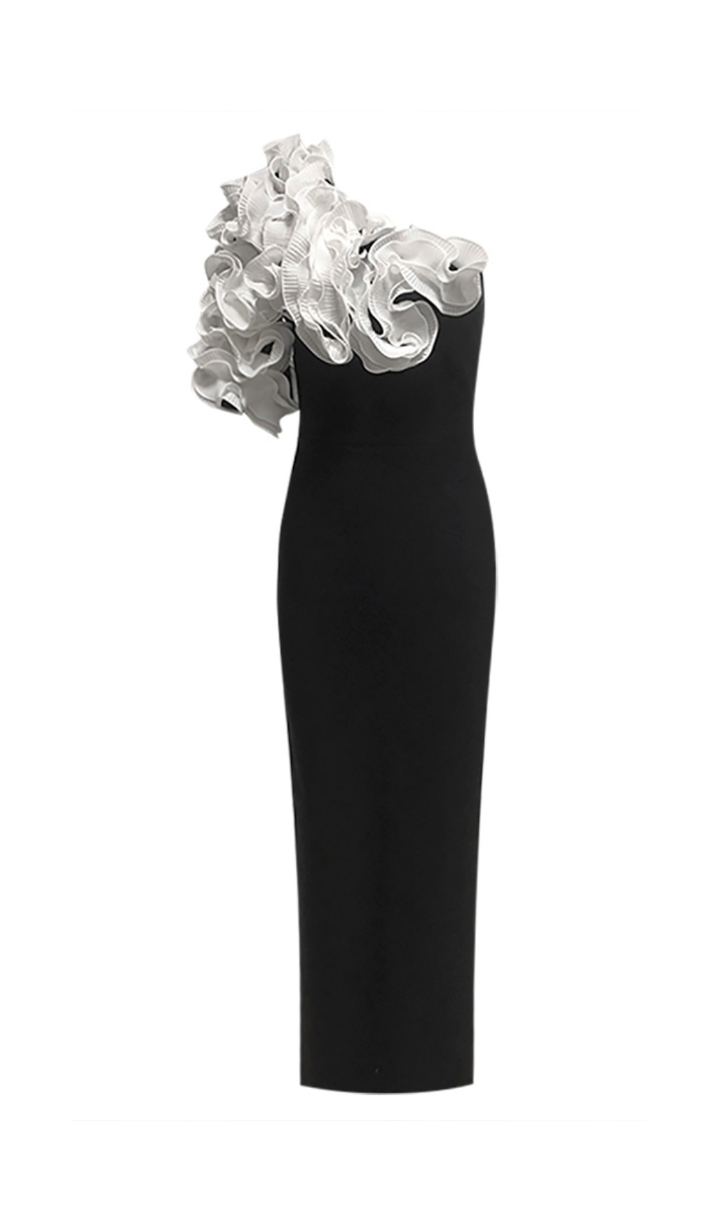 white flower embellished strapless black  midi dress