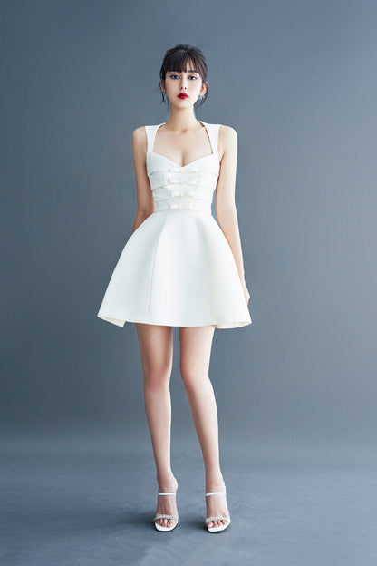 ALYSSA BOW SATIN MINI DRESS IN WHITE