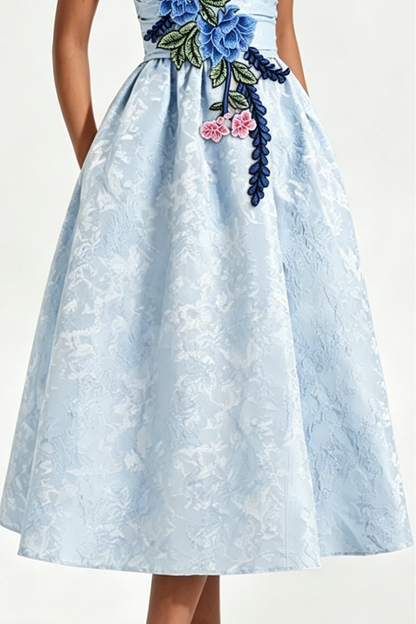 Flower Embroidery Saoirse Midi Dress - Blue