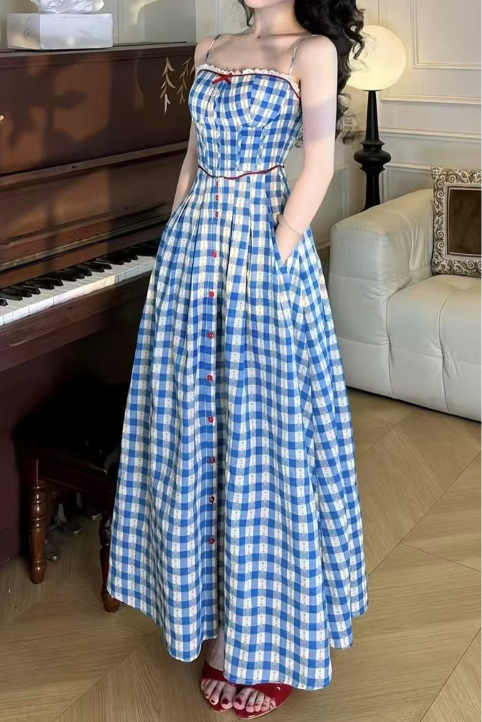 virginia plaid strap maxi dress in blue