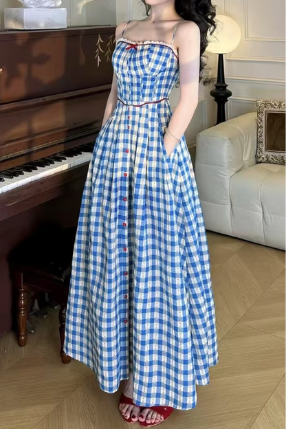 virginia plaid strap maxi dress in blue