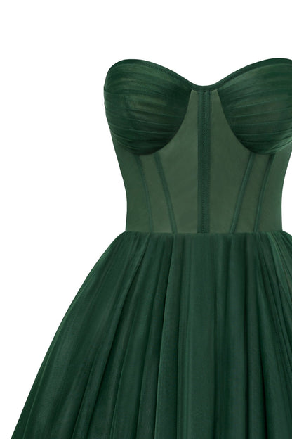 Emerald Green Strapless Puffy Midi Tulle Dress